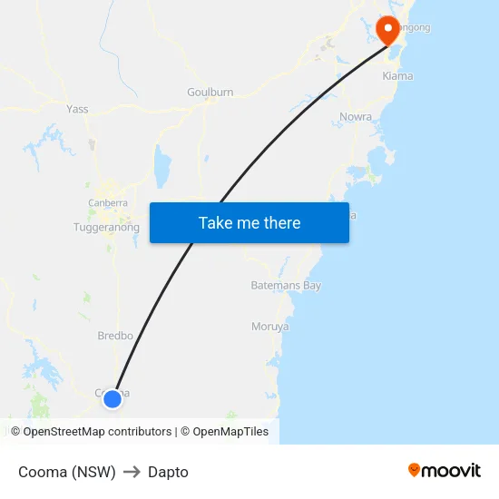 Cooma (NSW) to Dapto map