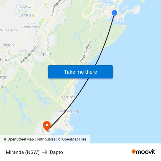 Miranda (NSW) to Dapto map