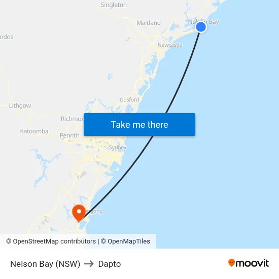 Nelson Bay (NSW) to Dapto map