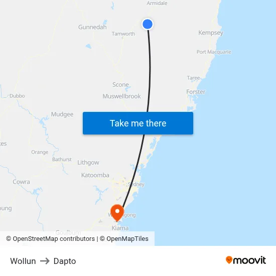 Wollun to Dapto map