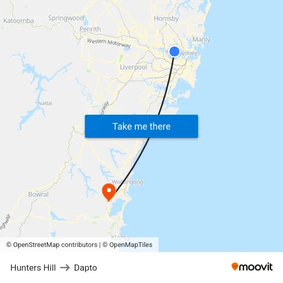 Hunters Hill to Dapto map