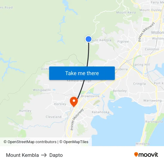 Mount Kembla to Dapto map