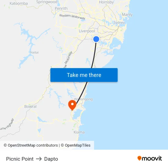 Picnic Point to Dapto map
