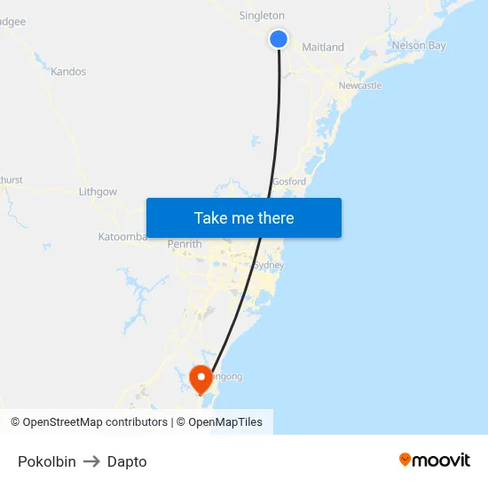 Pokolbin to Dapto map