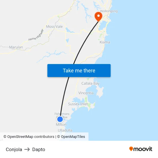 Conjola to Dapto map