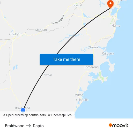 Braidwood to Dapto map
