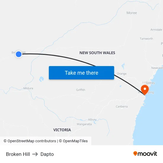 Broken Hill to Dapto map
