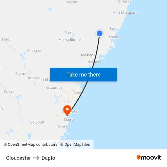 Gloucester to Dapto map
