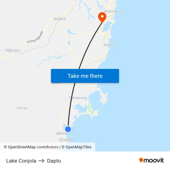 Lake Conjola to Dapto map