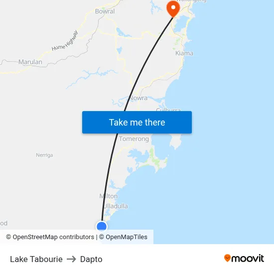 Lake Tabourie to Dapto map