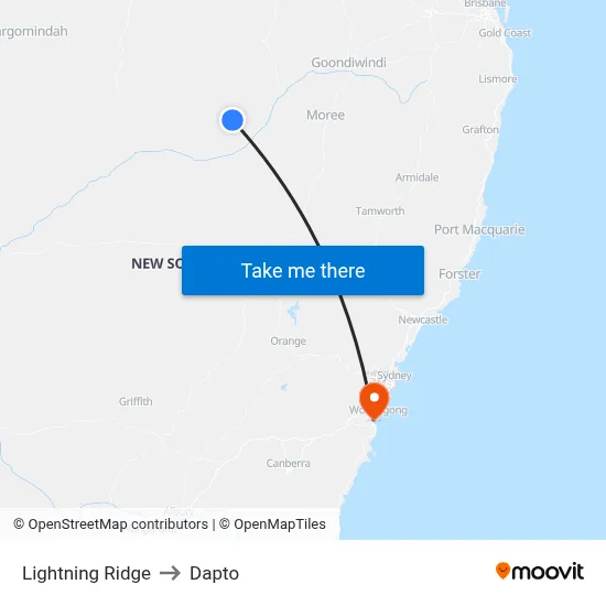 Lightning Ridge to Dapto map