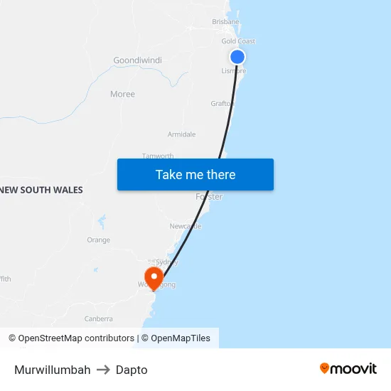 Murwillumbah to Dapto map