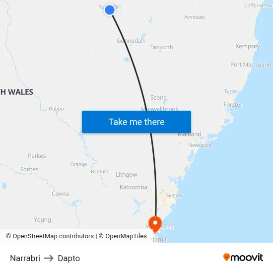 Narrabri to Dapto map
