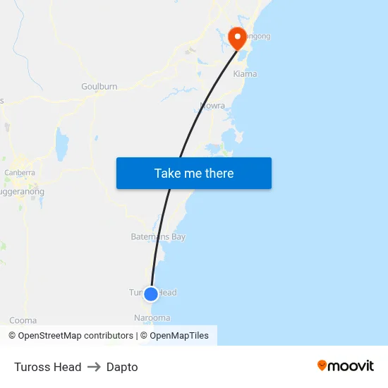 Tuross Head to Dapto map