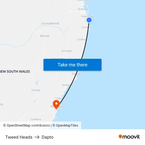 Tweed Heads to Dapto map
