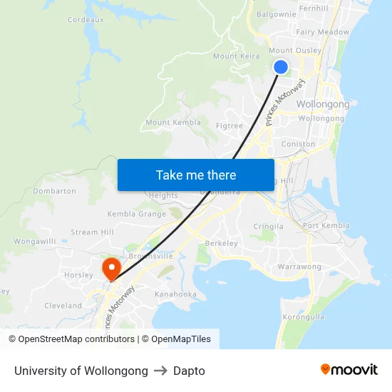 University of Wollongong to Dapto map