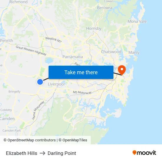 Elizabeth Hills to Darling Point map