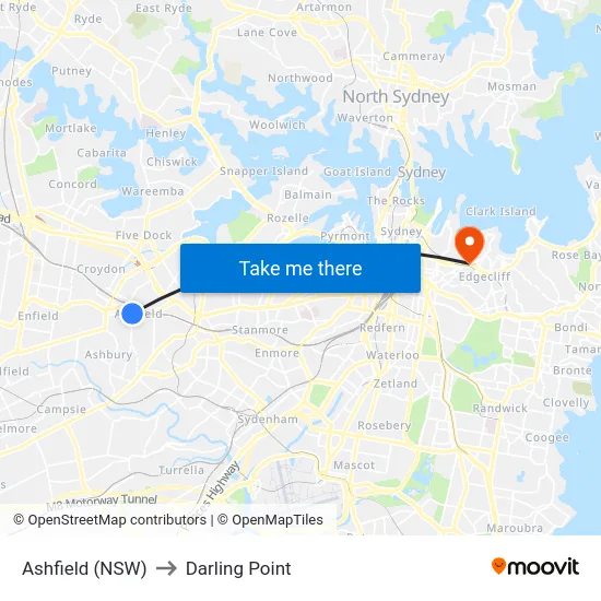 Ashfield (NSW) to Darling Point map