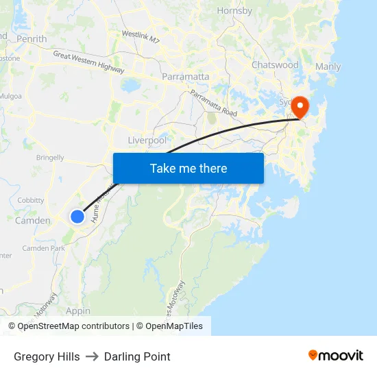 Gregory Hills to Darling Point map