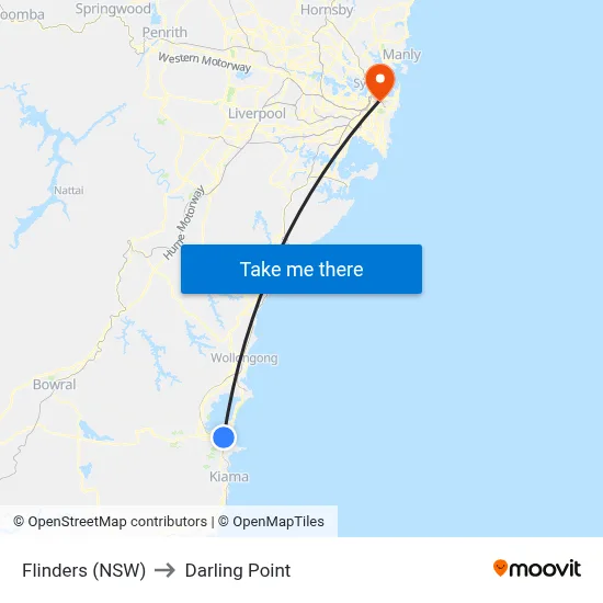 Flinders (NSW) to Darling Point map