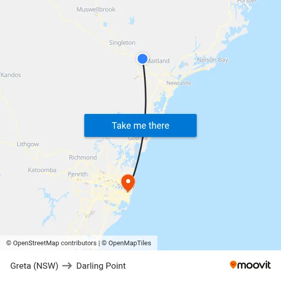 Greta (NSW) to Darling Point map