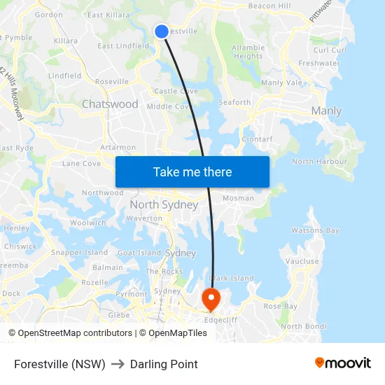 Forestville (NSW) to Darling Point map