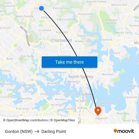 Gordon (NSW) to Darling Point map