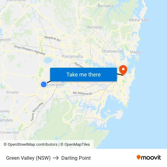 Green Valley (NSW) to Darling Point map