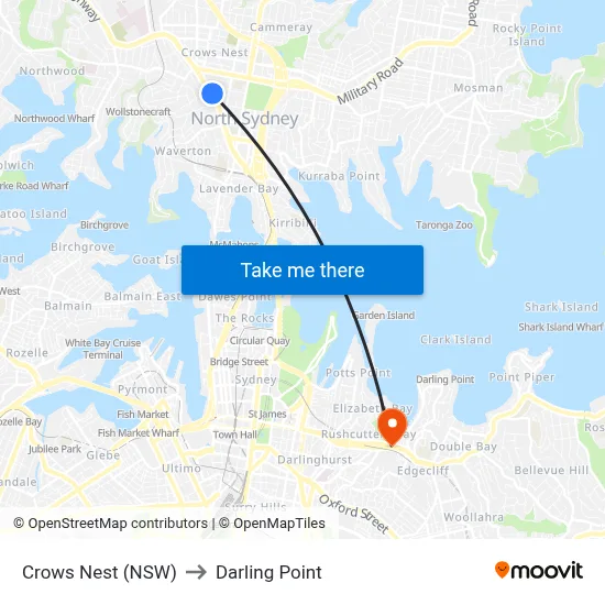 Crows Nest (NSW) to Darling Point map