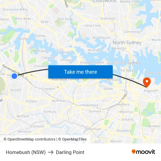 Homebush (NSW) to Darling Point map