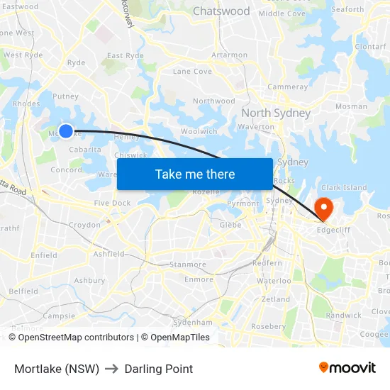 Mortlake (NSW) to Darling Point map