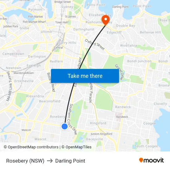 Rosebery (NSW) to Darling Point map