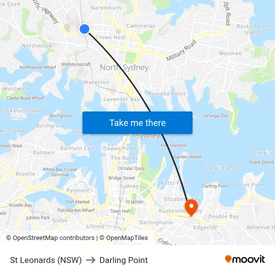 St Leonards (NSW) to Darling Point map
