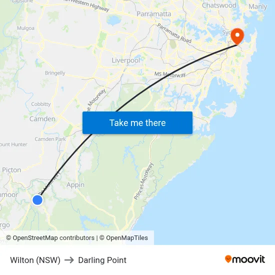 Wilton (NSW) to Darling Point map