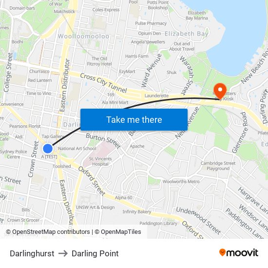 Darlinghurst to Darling Point map