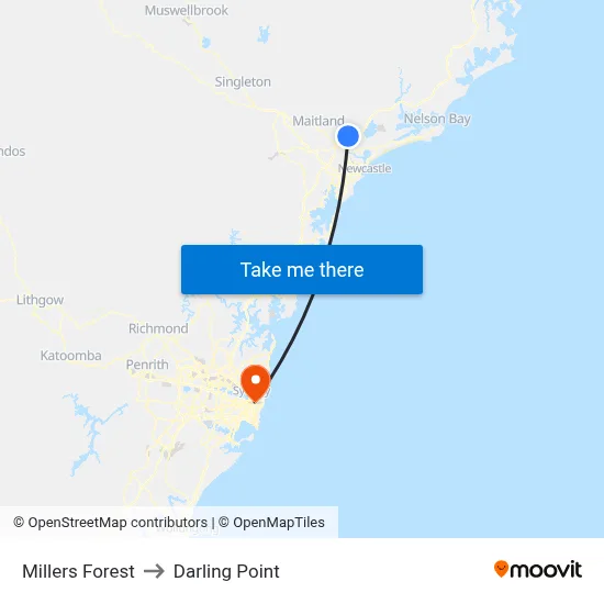 Millers Forest to Darling Point map