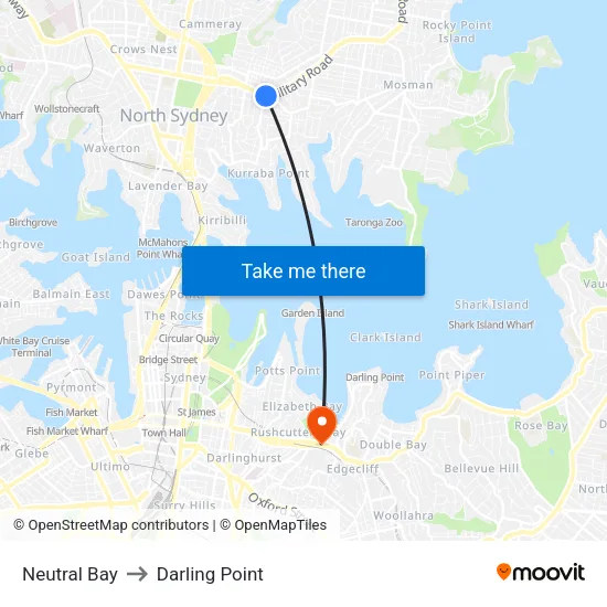 Neutral Bay to Darling Point map
