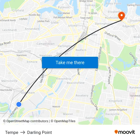 Tempe to Darling Point map