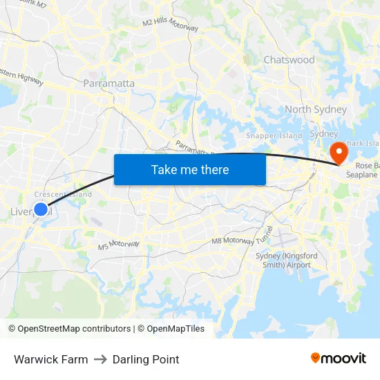 Warwick Farm to Darling Point map