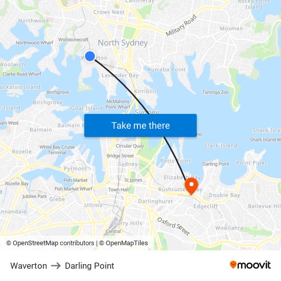 Waverton to Darling Point map