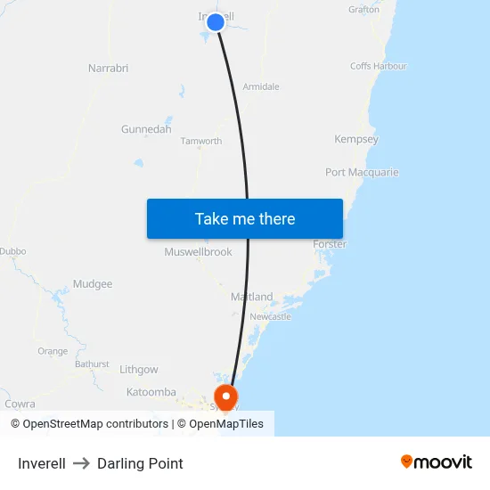 Inverell to Darling Point map