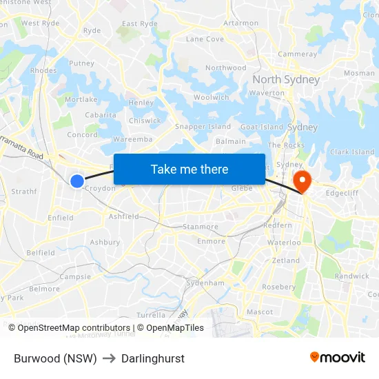 Burwood (NSW) to Darlinghurst map