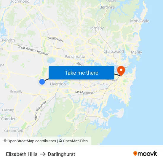 Elizabeth Hills to Darlinghurst map