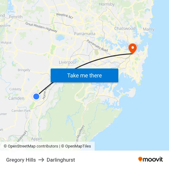 Gregory Hills to Darlinghurst map