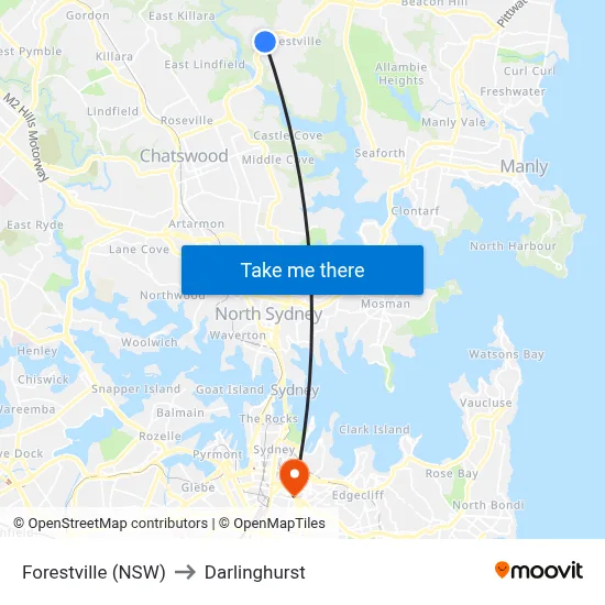 Forestville (NSW) to Darlinghurst map