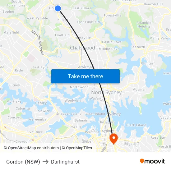 Gordon (NSW) to Darlinghurst map