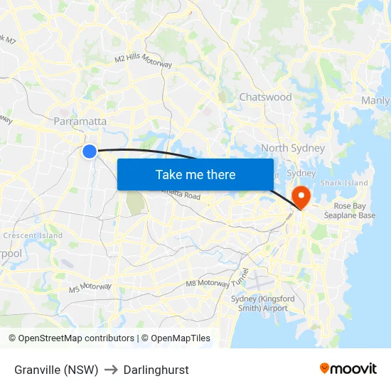 Granville (NSW) to Darlinghurst map