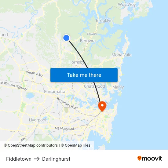 Fiddletown to Darlinghurst map
