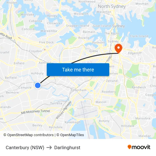 Canterbury (NSW) to Darlinghurst map