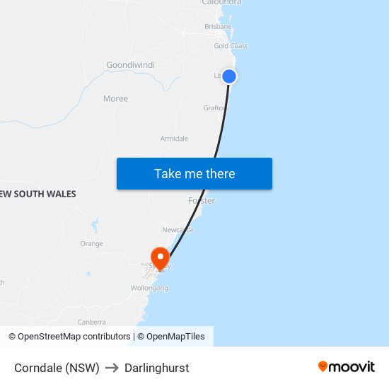 Corndale (NSW) to Darlinghurst map